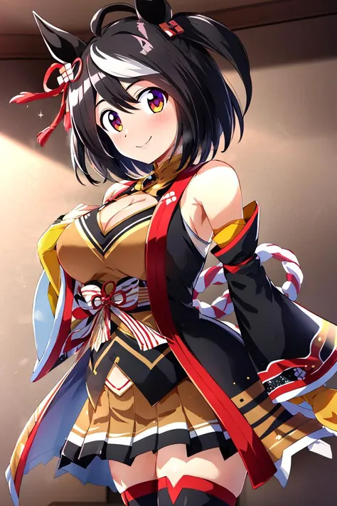 <lora:Konpeto_Style_Dim32:0.8>,((masterpiece,best quality)), absurdres, <lora:Kitasan_Black_Umamusume:0.8>, Kitasan_Black_Umamusume, animal ears, short hair, streaked hair, hair ornament, medium breasts, horse tail, cleavage, clothing cutout, detached sleeves, shimenawa, skirt, black thighhighs, solo, smiling, looking at viewer, cowboy shot,