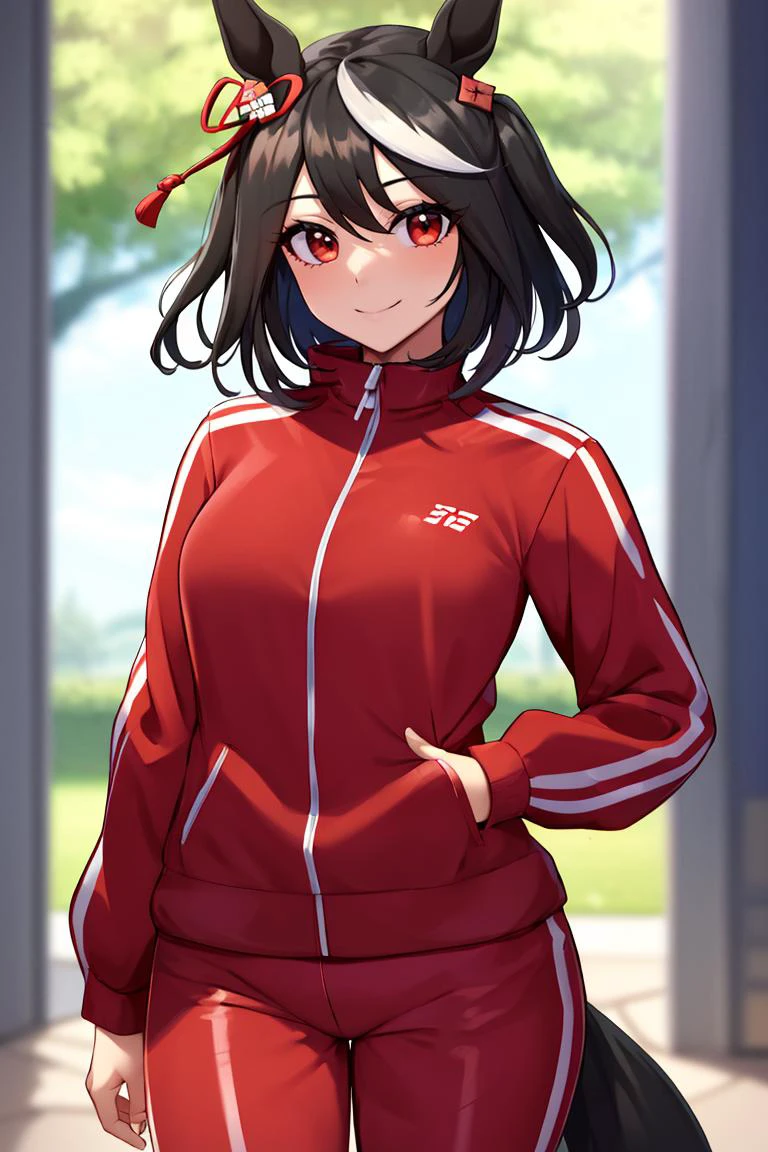 <lora:twistedscarlett60_style:0.8>,((masterpiece,best quality)), absurdres, <lora:Kitasan_Black_Umamusume:0.8>, Kitasan_Black_Umamusume, animal ears, short hair, streaked hair, hair ornament, horse tail, tracen training uniform, red jacket, track jacket, long sleeves, red pants, solo, smiling, looking at viewer, cowboy shot,