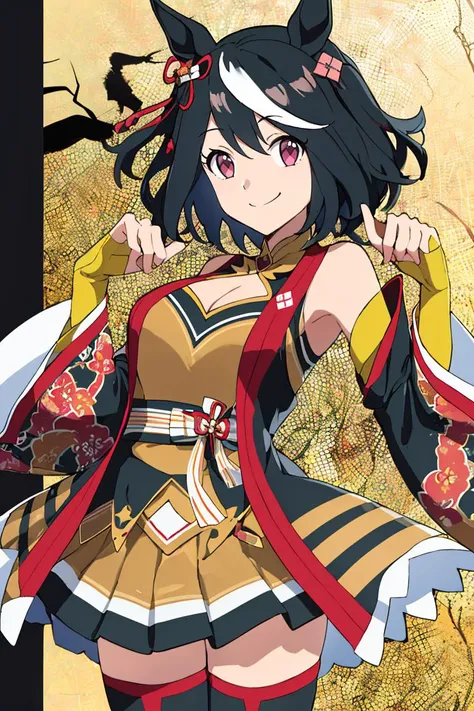 <lora:noelia_ponce_style:0.8>,((masterpiece,best quality)), absurdres, <lora:Kitasan_Black_Umamusume:0.8>, Kitasan_Black_Umamusume, animal ears, short hair, streaked hair, hair ornament, medium breasts, horse tail, cleavage, clothing cutout, detached sleeves, shimenawa, skirt, black thighhighs, solo, smiling, looking at viewer, cowboy shot,