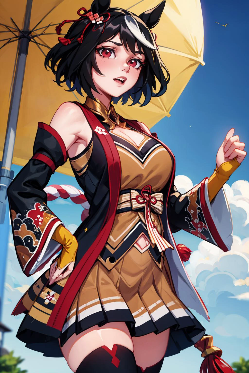 masterpiece, best quality, 8K RAW photo, film grain, erotic, <lora:Kitasan_Black_Umamusume:.8> Kitasan_Black_Umamusume, animal ears, short hair, streaked hair, hair ornament, medium breasts, horse tail, cleavage, clothing cutout, detached sleeves, shimenawa, skirt, black thighhighs,