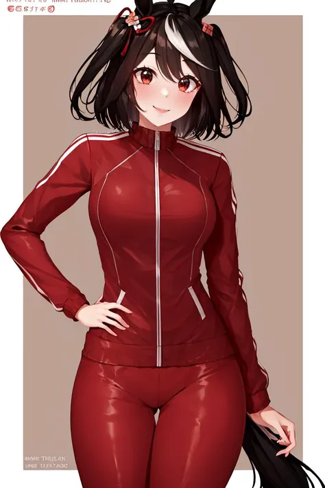 <lora:Puppypaww_Style:0.8>,((masterpiece,best quality)), absurdres, <lora:Kitasan_Black_Umamusume:0.8>, Kitasan_Black_Umamusume, animal ears, short hair, streaked hair, hair ornament, horse tail, tracen training uniform, red jacket, track jacket, long sleeves, red pants,  solo, smiling, looking at viewer, cowboy shot,