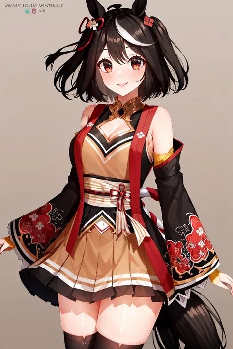 <lora:Puppypaww_Style:0.8>,((masterpiece,best quality)), absurdres, <lora:Kitasan_Black_Umamusume:0.8>, Kitasan_Black_Umamusume,   animal ears, short hair, streaked hair, hair ornament, medium breasts, horse tail, cleavage, clothing cutout, detached sleeves, shimenawa, skirt, black thighhighs,  solo, smiling, looking at viewer, cowboy shot,