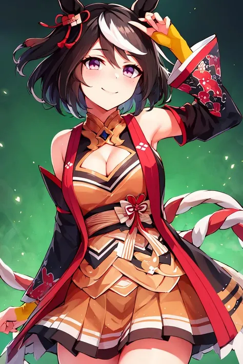 <lora:ricegnat_style:0.8>,((masterpiece,best quality)), absurdres, <lora:Kitasan_Black_Umamusume:0.8>, Kitasan_Black_Umamusume, animal ears, short hair, streaked hair, hair ornament, medium breasts, horse tail, cleavage, clothing cutout, detached sleeves, shimenawa, skirt, black thighhighs, solo, smiling, looking at viewer, cowboy shot,