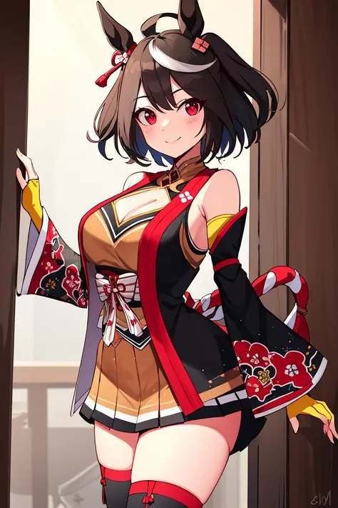 masterpiece, Highest quality, 1 person,( View your viewers,),Detailed Background、A person who writes in detail、Accurate human body、Knowledgeable person、(Accurate 5 fingers),Mature Woman,Thighsが太い,curvy body、Thighs、alone,(middle breasts),Kitasanblack, ahoge, hair ornament, animal ears, horse tail,cleavage cutout, shimenawa, kouhaku nawa, detached sleeves, yellow skirt, pleated skirt, black thighhighs, bare shoulders,In town