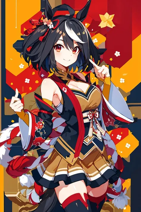 <lora:Harada_Takehito_Background_Dim32:0.8>,((masterpiece,best quality)), absurdres, <lora:Kitasan_Black_Umamusume:0.8>, Kitasan_Black_Umamusume, animal ears, short hair, streaked hair, hair ornament, medium breasts, horse tail, cleavage, clothing cutout, detached sleeves, shimenawa, skirt, black thighhighs, solo, smiling, looking at viewer, cowboy shot,