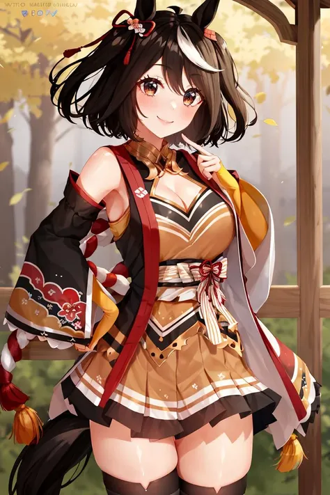 <lora:Puppypaww_Style:0.8>,((masterpiece,best quality)), absurdres, <lora:Kitasan_Black_Umamusume:0.8>, Kitasan_Black_Umamusume, animal ears, short hair, streaked hair, hair ornament, medium breasts, horse tail, cleavage, clothing cutout, detached sleeves, shimenawa, skirt, black thighhighs, solo, smiling, looking at viewer, cowboy shot,