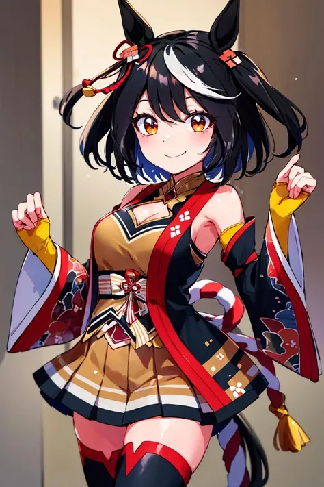 <lora:hoshino_fuuta_style:0.8>,((masterpiece,best quality)), absurdres, <lora:Kitasan_Black_Umamusume:0.8>, Kitasan_Black_Umamusume, animal ears, short hair, streaked hair, hair ornament, medium breasts, horse tail, cleavage, clothing cutout, detached sleeves, shimenawa, skirt, black thighhighs, solo, smiling, looking at viewer, cowboy shot,