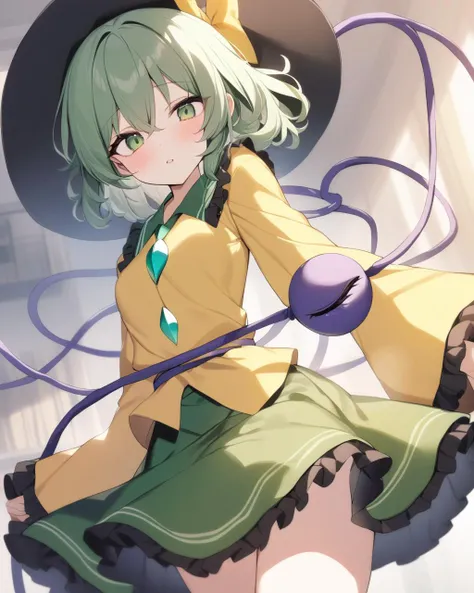 masterpiece,best quality,<lora:dongfangv1-000008:1>,koishi_touhou, komeiji_koishi_touhou, 1girl, long_sleeves, wide_sleeves, yellow_shirt, heart_of_string, green_skirt