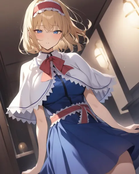 masterpiece,best quality,<lora:dongfangv1-000008:1>,margatroid_touhou, 1girl, capelet, blue_dress, sash, bangs