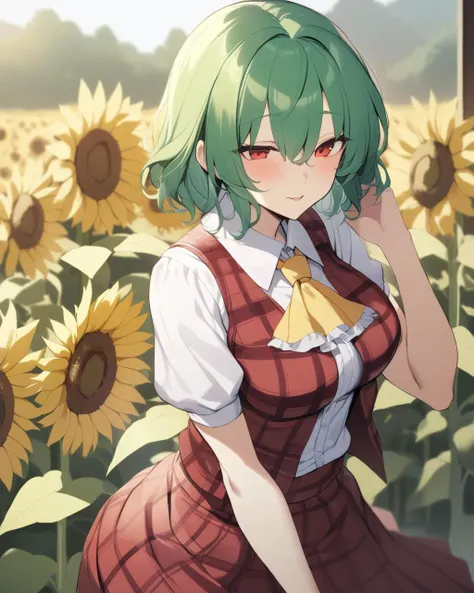 masterpiece,best quality,<lora:dongfangv1-000008:1>,yuuka_touhou, 1girl, plaid_vest, plaid_skirt, ascot, skirt_set, sunflower