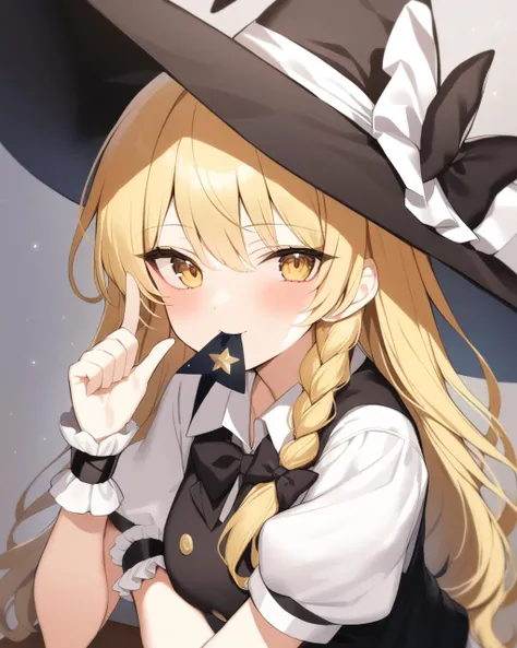 masterpiece,best quality,<lora:dongfangv1-000008:1>,marisa_touhou, kirisame_marisa_touhou, 1girl, solo, star_\(symbol\), looking_at_viewer, upper_body, mouth_hold, puffy_short_sleeves, blush, wrist_cuffs, index_finger_raised, shirt, side_braid, buttons, vest, black_bow