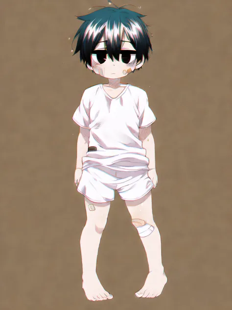 masterpiece, best quality, anatomically correct, 1boy, black eyes, black hair, hair between eyes, short hair, bandaid on face, white shirt, black shorts, full body, solo, leehoon <lora:Hooni:1> <lora:HiluBeauty:1>