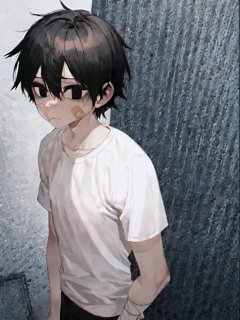 masterpiece, best quality, anatomically correct, 1boy, black eyes, black hair, hair between eyes, short hair, bandaid on face, white shirt, black shorts, solo, upper body, leehoon <lora:Hooni:1> <lora:HiluDark:1>