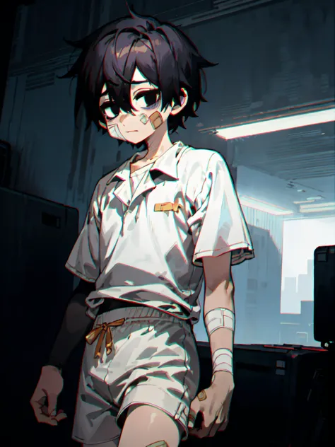 ((masterpiece, best quality)), 1boy, black eyes, black hair, hair between eyes, short hair, bandaid on face, white shirt, black shorts, leehoon <lora:Hooni:1> <lora:HiluDark:1>