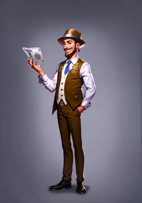 European and American cartoons, game characters, original design, 1boy, male focus, solo, hat, vest, pants, necktie, card, blue necktie, hand in pocket, standing, full body, shirt, playing card, long sleeves, smile, shoes, looking at viewer, white shirt, brown footwear, grey background, holding, facial hair, earrings, brown vest, collared shirt, brown pants, jewelry<lora:CG Game ouka:1>