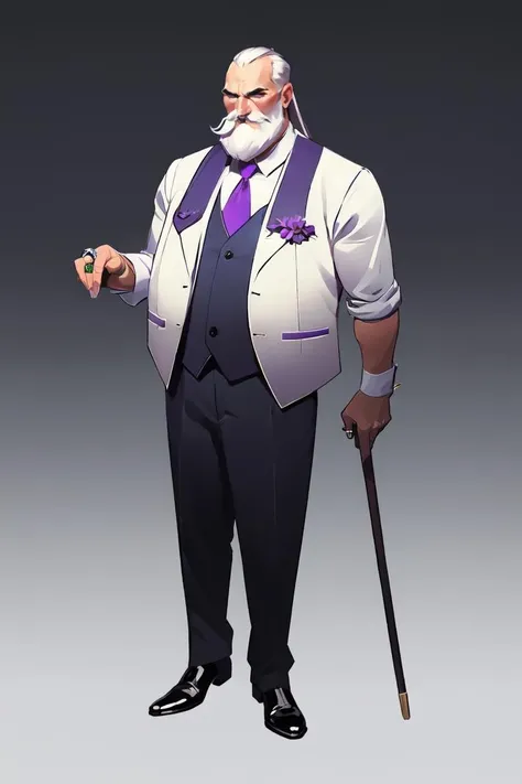 European and American cartoons, game characters, original designs, 1boy, male focus, old, facial hair, ring, jewelry, old man, necktie, cane, formal, mustache, gradient background, wrinkled skin, gradient, full body, suit, white hair, vest, beard, standing, manly, mature male, pants, purple necktie, shoes, short hair, black footwear <lora:ouka:0.7> chibi