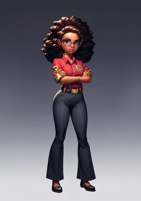 European and American cartoons, game characters, original designs, 1girl, crossed arms, dark skin, glasses, pants, dark-skinned female, brown hair, gradient background, gradient, shirt, full body, shoes, grey pants, belt, standing, brown eyes, grey background, black footwear, looking at viewer, afro, very dark skin, red shirt, long hair, black belt, curly hair <lora:ouka:1>