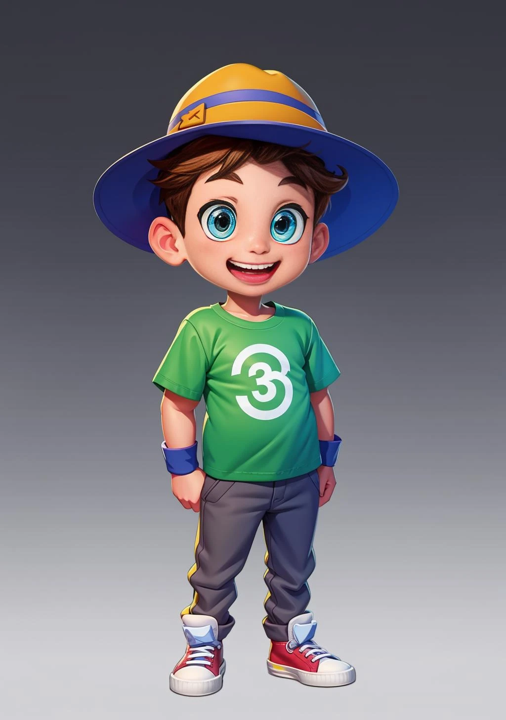 European and American cartoons, game characters, original designs, 1boy, male focus, hat, shirt, brown hair, smile, shoes, full body, wristband, open mouth, green shirt, pants, looking at viewer, standing, blue eyes, gradient background, grey background, child, sneakers, gradient, t-shirt, male child, baseball cap, short sleeves, simple background, fat, teeth, realistic<lora:oukaV2:0.6>