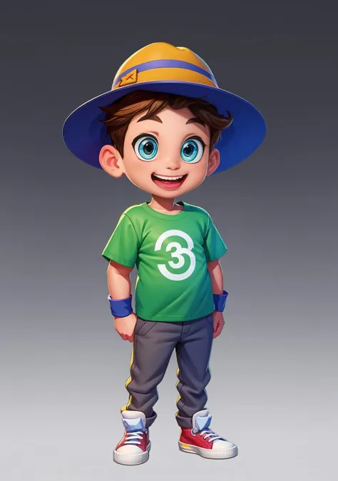 European and American cartoons, game characters, original designs, 1boy, male focus, hat, shirt, brown hair, smile, shoes, full body, wristband, open mouth, green shirt, pants, looking at viewer, standing, blue eyes, gradient background, grey background, child, sneakers, gradient, t-shirt, male child, baseball cap, short sleeves, simple background, fat, teeth, realistic<lora:oukaV2:0.6>