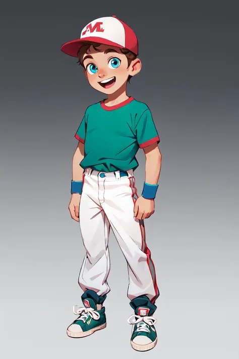 European and American cartoons, game characters, original designs, 1boy, male focus, hat, shirt, brown hair, smile, shoes, full body, wristband, open mouth, green shirt, pants, looking at viewer, standing, blue eyes, gradient background, grey background, child, sneakers, gradient, t-shirt, male child, baseball cap, short sleeves, simple background, fat, teeth, realistic, <lora:ouka:0.6>