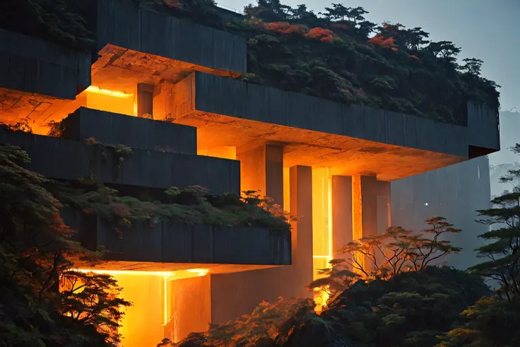 masterpiece, overgrown brutalism, orange glow, glowing trees,(a futuristic japanese city ), dark cave, breathtaking landscape, <lora:Overgrown_Brutalism_SDXL:.8>