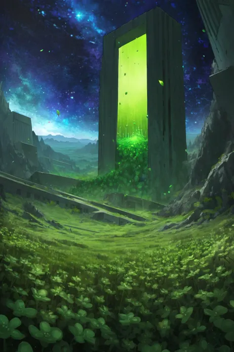 masterpiece, overgrown brutalism, Pea Green glow, Green flowers, (cosmic), breathtaking landscape, <lora:Overgrown_Brutalism_SDXL:.8>