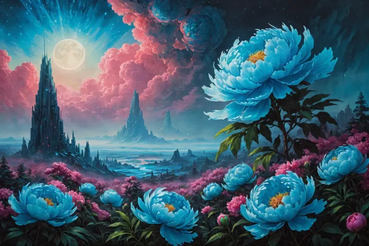 masterpiece, professional artwork, famous artwork, cinematic lighting, cinematic bloom, overgrown brutalism, neon Ice blue glow, Peony flowers, oil painting, futuristic dreamscape, monolithic, breathtaking landscape, in the sky is big gas giant and starfield , light mist,, , <lora:Overgrown_Brutalism_SDXL:0.8>