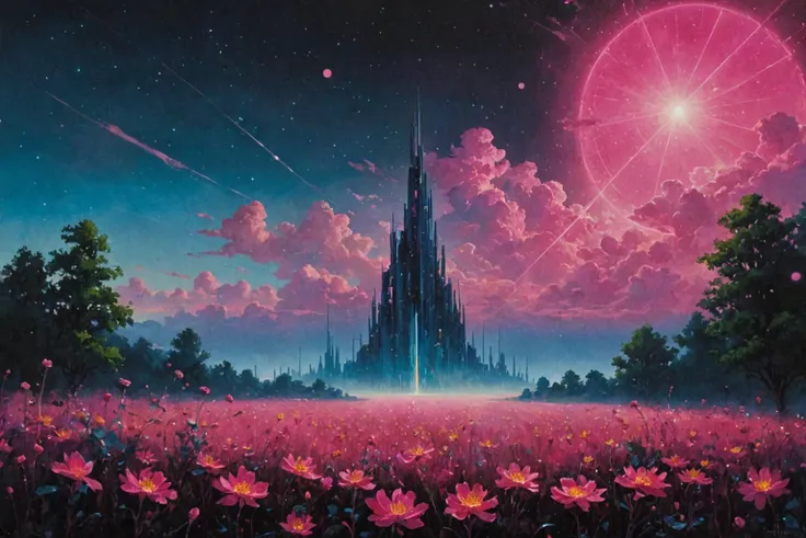 masterpiece, professional artwork, famous artwork, cinematic lighting, cinematic bloom, overgrown brutalism, neon Champagne glow, Magenta flowers, oil painting, futuristic dreamscape, monolithic, breathtaking landscape, in the sky is constellation and coronal flares , slightly cloudy, and rainy,, , <lora:Overgrown_Brutalism_SDXL:0.8>