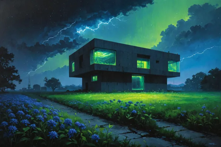 masterpiece, professional artwork, famous artwork, cinematic lighting, cinematic bloom, overgrown brutalism, neon Pea Green glow, Indigo flowers, oil painting, futuristic dreamscape, monolithic,  breathtaking landscape,  night sky, stars, galaxy,                thunderstorm, and heavy fog,, , <lora:Overgrown_Brutalism_SDXL:0.8>