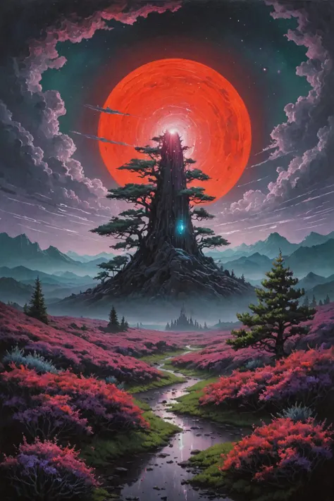 masterpiece, professional artwork, famous artwork, cinematic lighting, cinematic bloom, overgrown brutalism, neon Juniper Green glow, Lavender Gray flowers, oil painting, futuristic dreamscape, monolithic,  breathtaking landscape,  rainy, and very few clouds,,   in the sky is red  dwarf star , , <lora:Overgrown_Brutalism_SDXL:0.8>