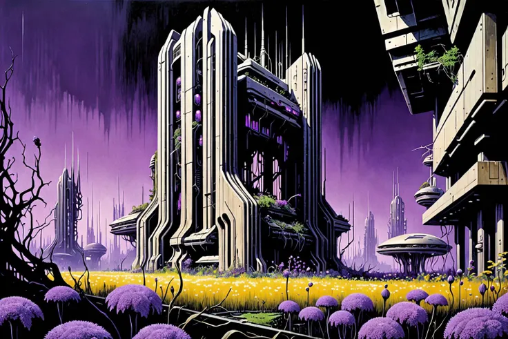 masterpiece, overgrown brutalism, Purple glow, Beige flowers, glowing flowers,(a futuristic town in the style of a mix between a mix of apocalyptic and transhumanism with smooth detail in the style of H.R. Giger and a mix of transhumanism and dystopian with fluid detail in the style of John Berkey), <lora:Overgrown_Brutalism_SDXL:1>