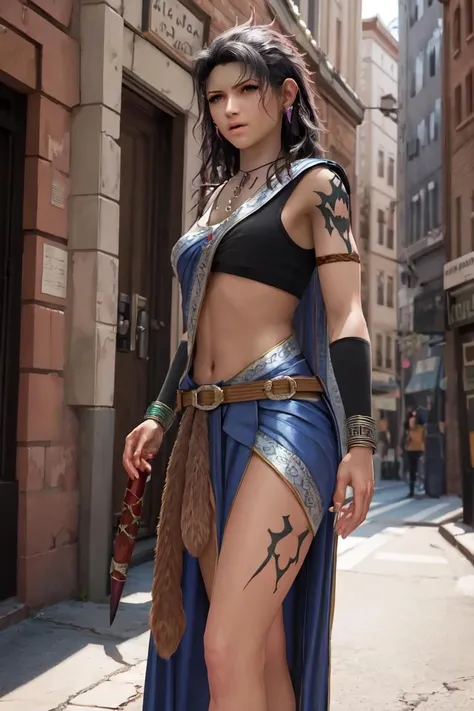 Image of a woman in front of a castle, Gemma Arterton as a beautiful woman, slaying a monster, wearing a battle armour and sarong and tattoos, long flowing hair, view from front, sword in hand, gorgeous face, bright big eyes, full body, front view, NSFW