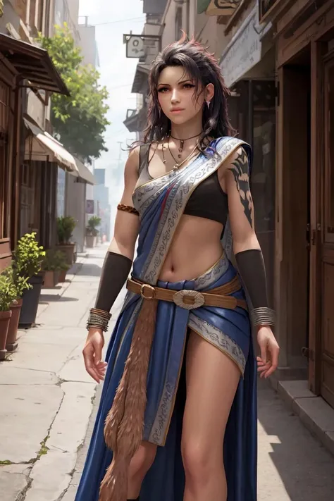 masterpiece, best quality, highres, 1girl, solo, scenery, looking at viewer,
GAME_Fang_FinalFantasy_ownwaifu,www.ownwaifu.com,jewelry,necklace,earrings,long hair,black hair,lips,tattoo,breasts,navel,midriff,belt,arm tattoo,brown eyes,armlet,pendant,bracelet,medium breasts,dress,shoulder tattoo, curvy, toned, (large breasts:1.1), wide hips,
<lora:GAME_Fang_FinalFantasy_ownwaifu-08:1.0>
