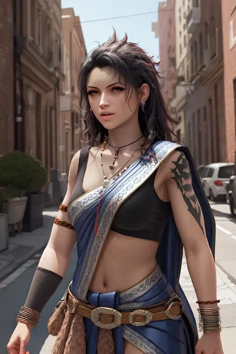 GAME_Fang_FinalFantasy_ownwaifu,www.ownwaifu.com,
long hair,black hair,lips,tattoo,breasts,arm tattoo,brown eyes,medium breasts,shoulder tattoo,
jewelry,necklace,earrings,navel,midriff,belt,armlet,pendant,bracelet,dress,
<lora:GAME_Fang_FinalFantasy_ownwaifu:1>, official art,extremely detailed CG unity 8k wallpaper, perfect lighting,Colorful, Bright_Front_face_Lighting,shiny skin, (masterpiece:1.0),(best_quality:1.0), ultra high res,4K,ultra-detailed, photography, 8K, HDR, highres, (absurdres:1.2), Kodak portra 400, film grain, blurry background, (bokeh:1.2), lens flare, (vibrant_color:1.2),professional photograph, (beautiful_face:1.5),