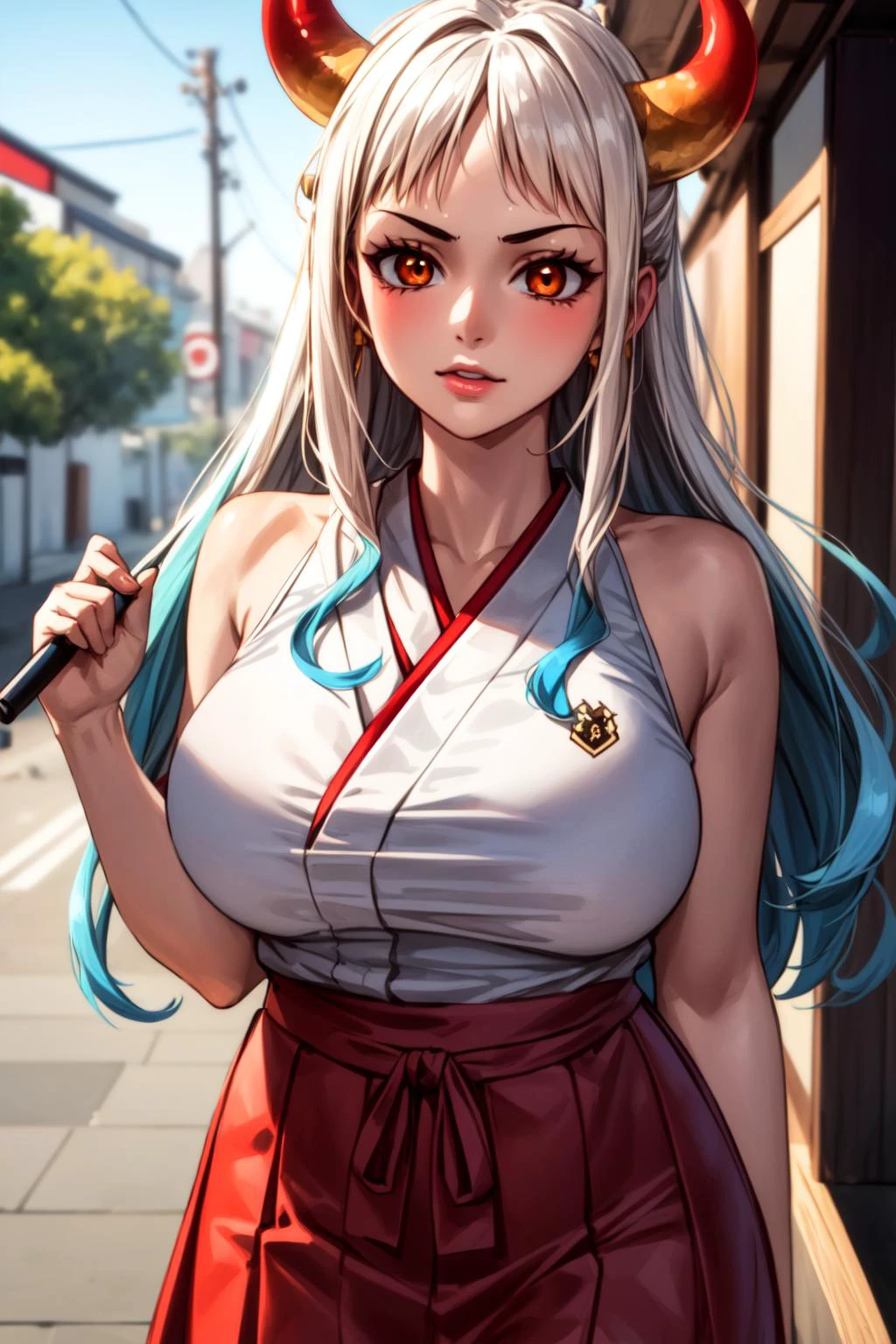 best quality, masterpiece, 1girl, (solo:1.1), raytracing, ultra detailed,detailed face, 8k wallpaper, (wide hips:0.8), <lora:more_details:0.5>, YamatoOP_NDV, 1girl, multicolored hair, large breasts, long hair, orange eyes, red horns, oni, hair stick, japanese clothes, bare shoulders, <lora:YamatoOP_NDV:0.7>, outdoor, long skirt