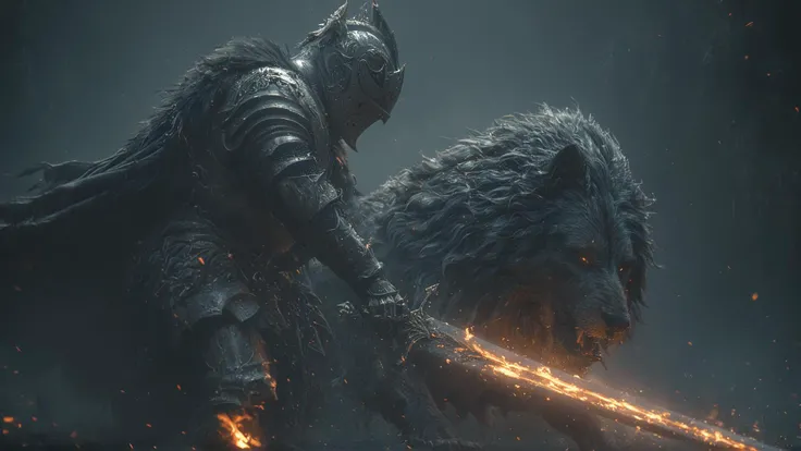 Cinematic, action scene of a knight in shiny silver armor gripping his sword fighting a giant evil german shepherd, amazing quality,intricate detailed armor, detailed helmet, incredible details, masterpiece, intricate sword, flaming sword
<lora:XL_boss_battle(1):1> <lora:HKStyle_V3:1>