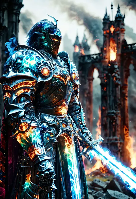 cinematic ,HKStyle, Soul Knight, brillant cosmic color necromantic armor sword, ,cape, armor infused with a robe, glowing eyes,smoke, nature inspired, night at the ruined city, disturbing, blurry background, depressing, masterpiece, HD, <lora:HKStyle_V3:1>,
<lora:extremely_detailed:1> ,<lora:ral-czmcrnbw:1>