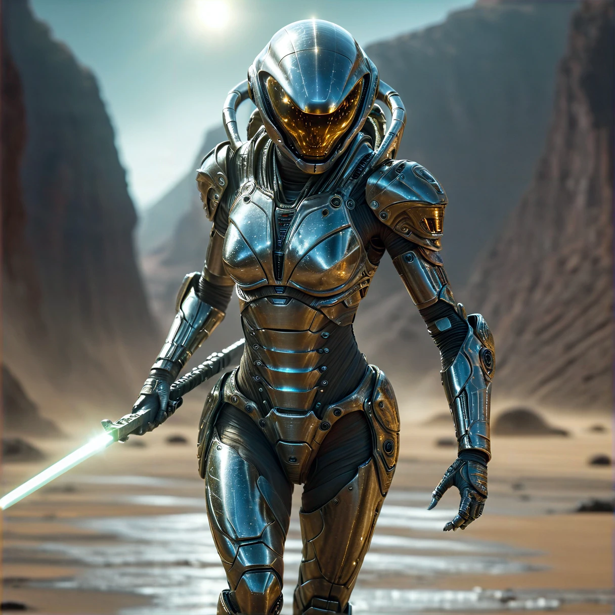 In motion cinematic shot of an alienailf astronaut-knight wearing an astronaut armor on a vibrant alien planet, holding a sunny glowing alien-cyber-sword, sword pointing down at the surface, detailed planets in background, HKStyle, UHD, DSLR, insane details, reflections in the half transparent visor of the helmet, realistic shadows, award-winning photo, <lora:HKStyle:0.55>, <lora:Landscapes:0.8>, <lora:d\EnvyActionShotXL01:0.65>, action shot, <lora:Aliens_AILF_SDXL:0.8>