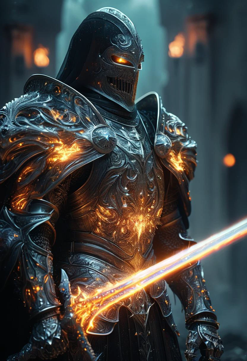 cinematic ,HKStyle, Soul Knight, brillant color necromantic armor , cape, armor infused with a robe, glowing eyes,smoke, nature inspired, bones as an accessory, night at the ruined city, linquivera background filled with chaotic patterns, disturbing, blurry background, depressing, masterpiece, HD, <lora:HKStyle_V3:1>,
<lora:extremely_detailed:1> ,<lora:ral-czmcrnbw:1>
