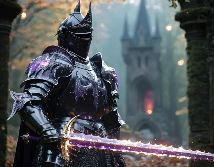 score_9, score_8_up,very aesthetic,uncensored,rating_explicit,rating_questionable,
Cinematic shot of a knight wearing a black armor with cape,holding transparent purple burning and glowing crystalized sword by side,sword is grounded,
armor pearl,black,silver,ornamented,dragon,helm with wings,scaled platings,
castle top,moss,leaf,envy,
dim light,photo,bokeh,shallow depth of field,sunbeam,
HKStyle,<lora:HKStyle_V3:0.8>,hkstyle,