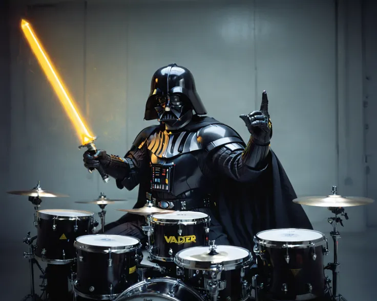 analog photo of Darth Vader holding yellow glowing sword playing drums, arms up. HKStyle <lora:HKStyle_V3-000019:0.8> <lora:XL_Analog:1>