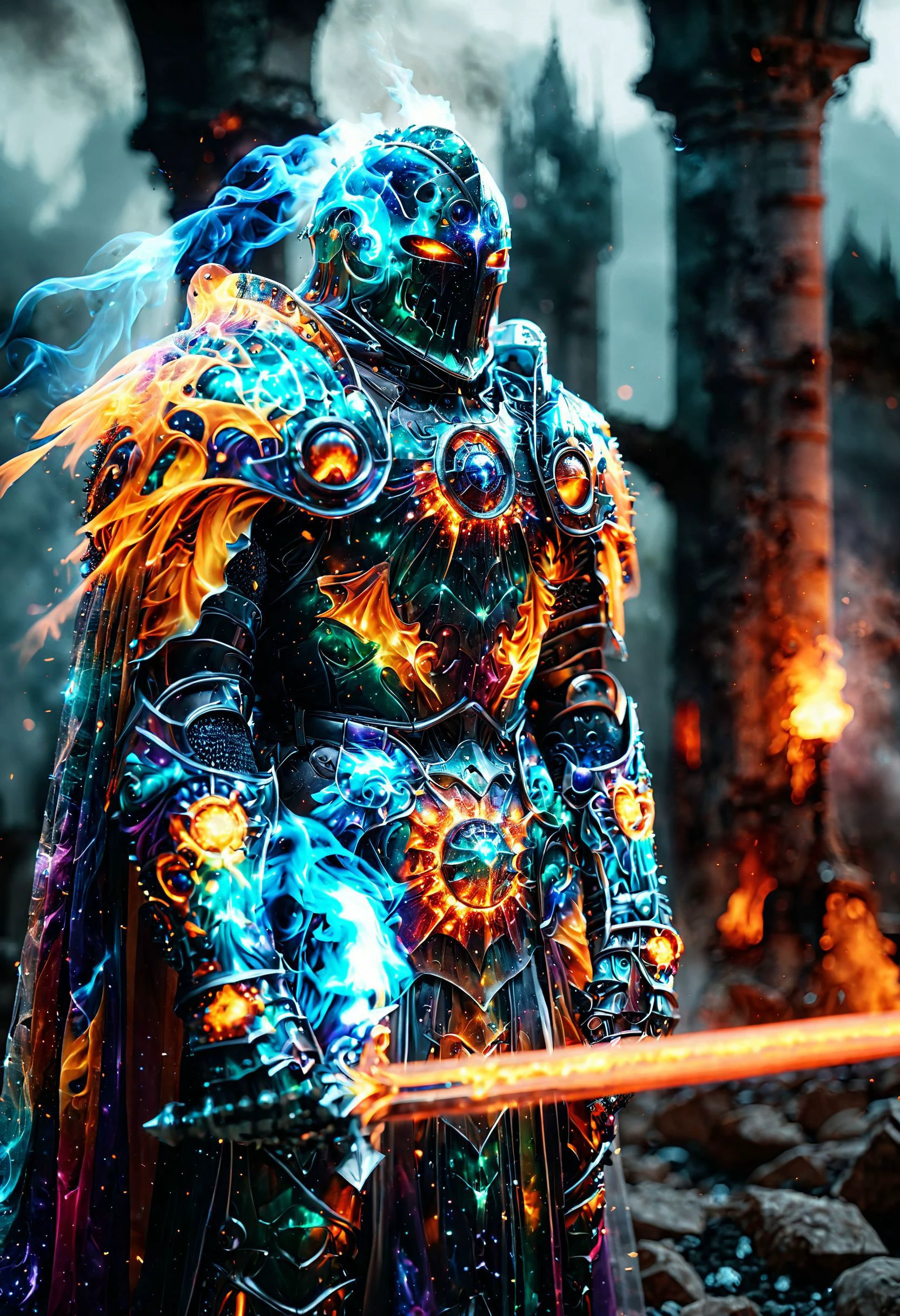 cinematic ,HKStyle, Soul Knight, brillant cosmic color necromantic armor  ,cape, armor infused with a robe, glowing eyes,smoke, nature inspired, night at the ruined city, disturbing, blurry background, depressing, masterpiece, HD, <lora:HKStyle_V3:1>, 
 <lora:extremely_detailed:1> ,<lora:ral-czmcrnbw:1>