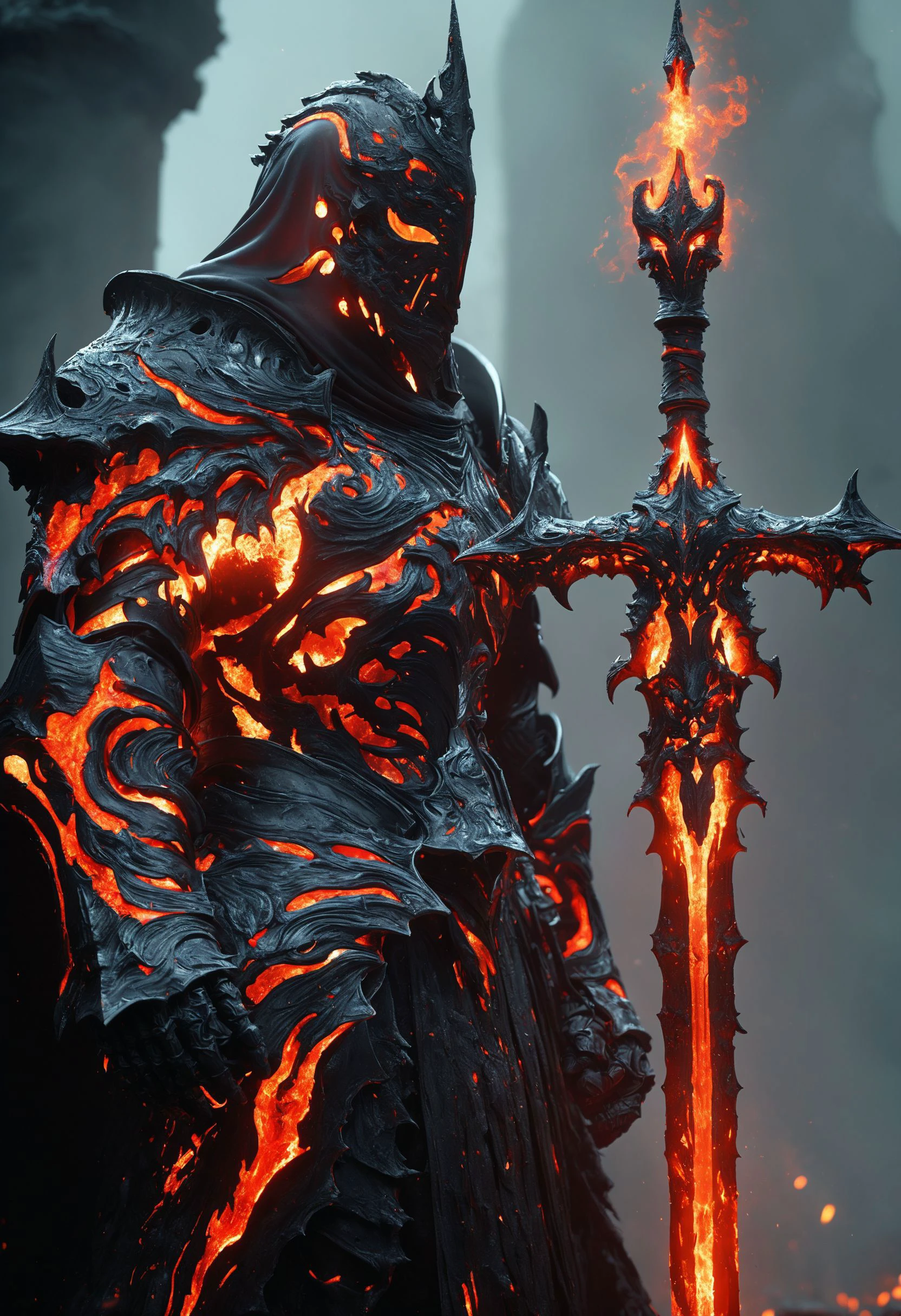 cinematic ,HKStyle, Soul Knight, black lava necromantic armor with red elements ,black hood and cape, armor infused with a robe, glowing eyes,smoke, nature inspired, bones as an accessory, night at the ruined city, linquivera background filled with chaotic patterns, disturbing, depressing, masterpiece, HD, <lora:HKStyle_V3:1>, <lora:ral-lava-sdxl-v2:0.7>, <lora:extremely_detailed:1>