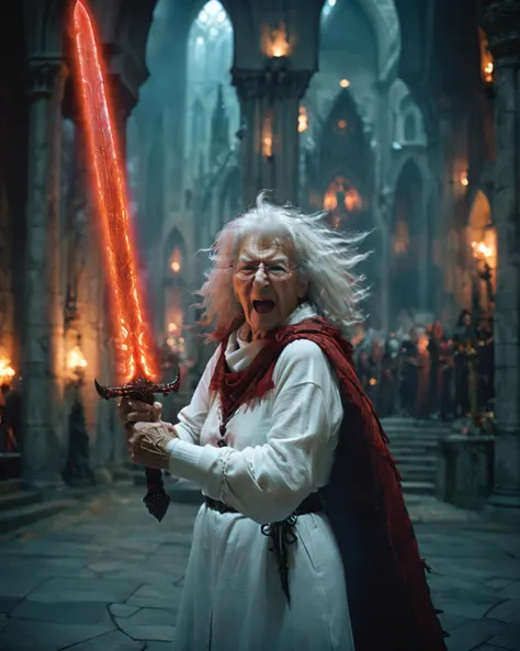 elderly, analog photo of (screaming:1.1) wrinkly grandma holding red glowing sword making a silly face, arms up, very long messy hair, old witch, (wearing a white sweater:1.1), cathedral background. HKStyle <lora:HKStyle_V3-000019:0.8> Guild Wars 2 <lora:XL_Analog:1>