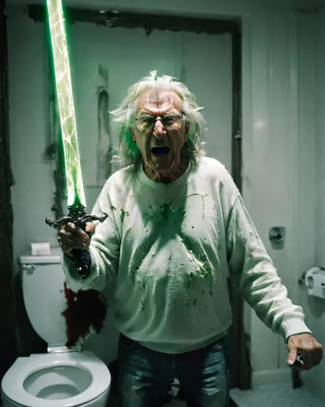 elderly, analog photo of (screaming:1.1) wrinkly (morbidly obese:1.3) grandpa holding purple glowing sword, arms up, very long messy hair, (wearing a white dirty sweater with holes:1.1), (bathroom background, toilet:1.2). HKStyle  <lora:HKStyle_V3-000019:0.8>  Guild Wars 2 Dusk <lora:XL_Analog:1>
