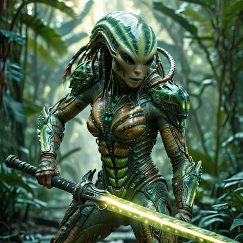 In motion cinematic shot of an alienailf amazonian warrior wearing an alien camouflage armor on a vibrant alien jungle planet, wielding a green glowing alien sword, detailed background, HKStyle, UHD, DSLR, insane details, reflections, realistic shadows, award-winning photo, <lora:HKStyle:0.65>, <lora:Landscapes:0.8>, <lora:d\EnvyActionShotXL01:0.7>, action shot, <lora:Aliens_AILF_SDXL:0.85>