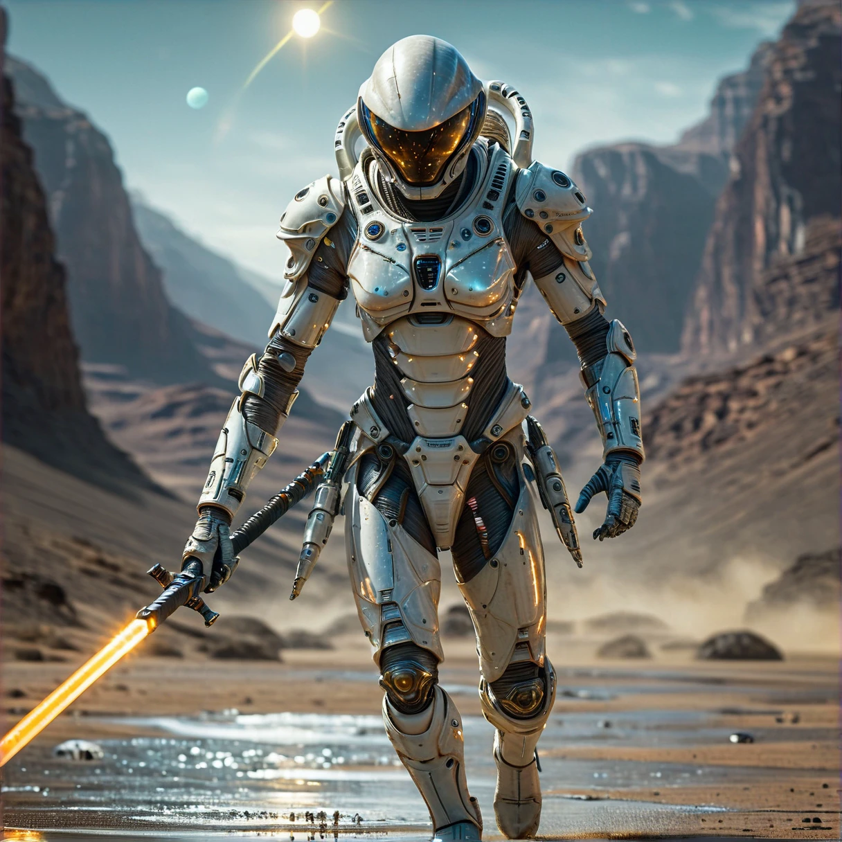 In motion cinematic shot of an alienailf astronaut-knight wearing an astronaut armor on a vibrant alien planet, holding a sunny glowing alien-cyber-sword, sword pointing down at the surface, detailed planets in background, HKStyle, UHD, DSLR, insane details, reflections in the half transparent visor of the helmet, realistic shadows, award-winning photo, <lora:HKStyle:0.55>, <lora:Landscapes:0.8>, <lora:d\EnvyActionShotXL01:0.65>, action shot, <lora:Aliens_AILF_SDXL:0.8>