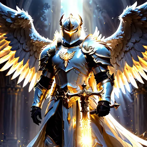 man, fantasy, angelic, (white light), background light, huge back light, helmet, glowing face glowing, bright armor, hammer, full body, glowing eyes, (glowing angel wings), HKStyle, <lora:RossTranXL:0.3> <lora:HKStyle_V3:0.6>