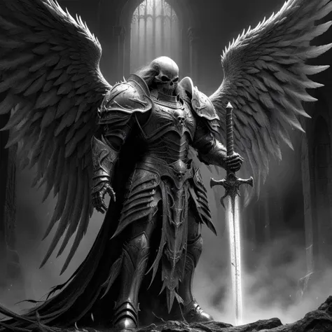 monochrome horror illustration, full-body, Death Angel, standing,hell, Bone Wings, plate armor, holding a sword,intricate, dramatic lighting, HKStyle, <lora:FantasyKnightsHKStyle:0.7>