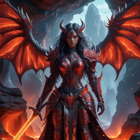 (An fantasy illustration:1.3) of A full-body portrait of a demoness with spread Vibrant and Cool-toned demon wings wearing body-tight light leather armor, in a lava-filled cave wearing intricately ornamented HKStyle chainmail fantasy armor and holding a sword. <lora:FantasyKnightsHKStyle:0.8>